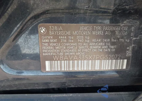 2007 BMW 328I из США, поврежденный, VIN WBAVA335X7PG52072